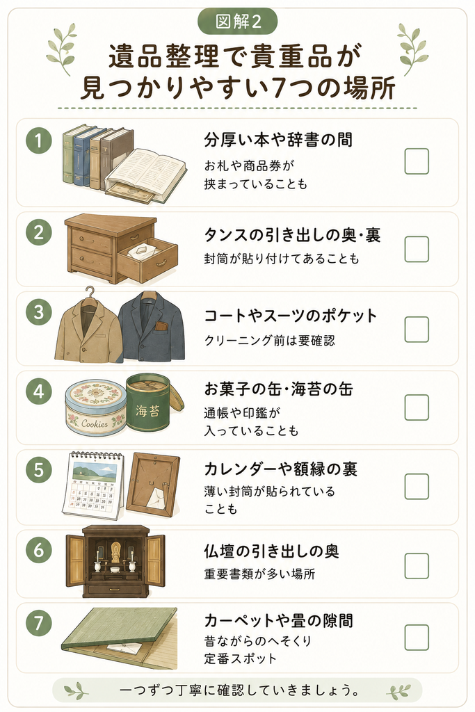 遺品整理で貴重品が見つかりやすい7つの場所のチェックリスト。分厚い本や辞書の間、タンスの引き出しの奥や裏、コートやスーツのポケット、お菓子の缶や海苔の缶、カレンダーや額縁の裏、仏壇の引き出しの奥、カーペットや畳の隙間を紹介